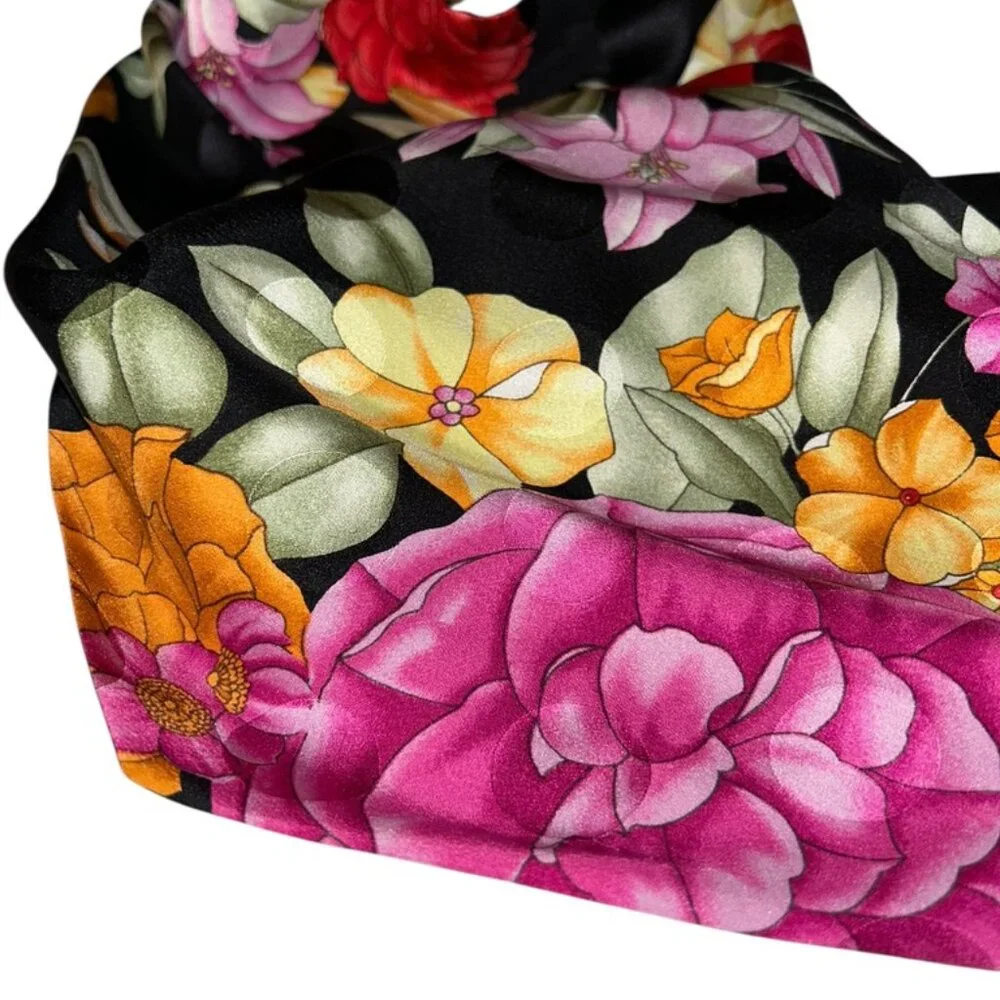 Bandit Scarf Vintage RICH black floral print 100% silk handkerchief scarf